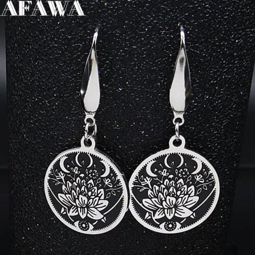 2021 Moon Lotus Stainless Steel Drop Earrings Women Black Enamel Small Earrings Jewelry acero inoxidable joyeria mujer E1790S02