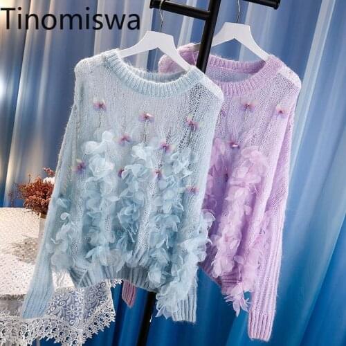 Tinomiswa 3D Flower O Neck Long Sleeve Pullover Jumpers Loose Sweet Casual Tops New Arrival Elegant Sweater Women Ropa Mujer