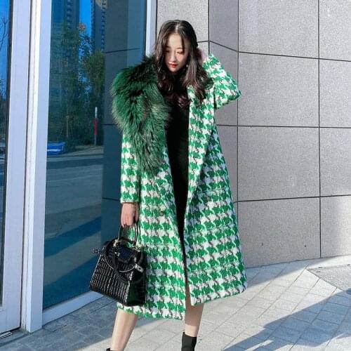 Ladies Winter Long Green Houndstooth Coat With Fluffy Natural Fox Fur Collar Women Outerwear Wool Jacket