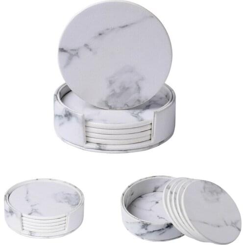 1 Set Marbling Coaster Cup Sets Artificial Double-Sided Leather Mats Pad Bowl Creative Desktop