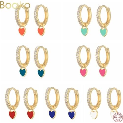 BOAKO 925 Sterling Silver Hoop Earrings With Cute Candy Neon Color Enamel Heart Charm Drop Earring Gold Silver Color For Girls