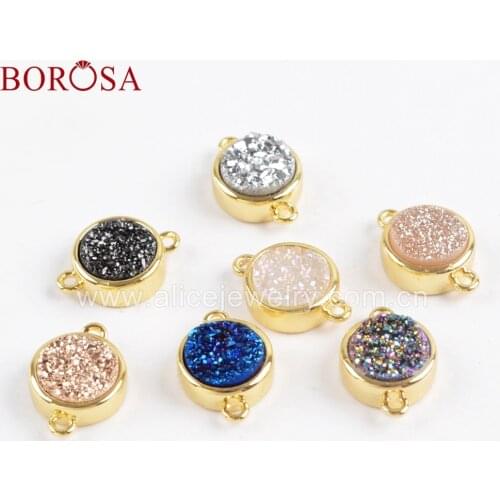BOROSA 10PCS 9mm Round Gold Bezel Natural Agates Titanium Rainbow Druzy Connector Mixed Colors Drusy Double Charms ZG0359