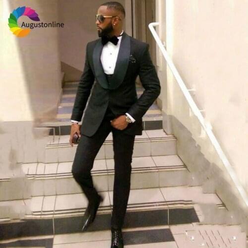 Black Men Suits for Wedding Wide Shawl Lapel Custom Made Groom Tuxedos Slim Fit Best Man Blazers 3Piece Jacket Pants Vest Terno
