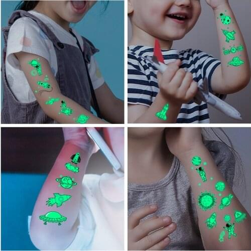 Space Man Tattoo For Children Glowing Dark Taty Waterproof Fake Tatoo Luminous Tattoo Stickers Body Art Cartoon Tatto