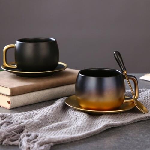 Luxury Elegant Porcelain Cup With Saucer Spoon Matte Ceramic Gold Black Coffee Mug Simple Teacup Gift For Men Boss Friend Couple