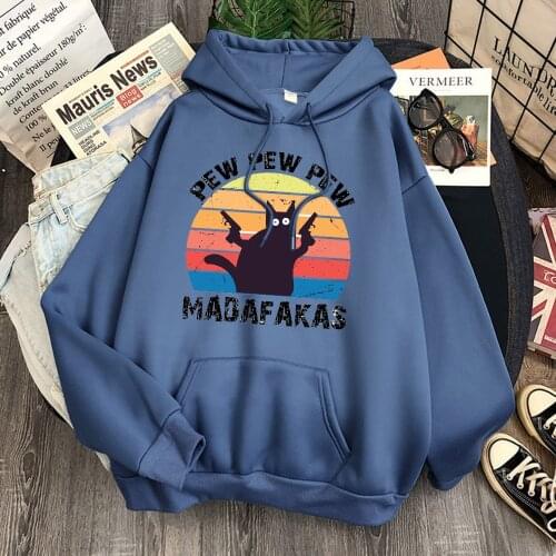 Madafakas Pew Pew Cartoon Graphic Cat Hoodie Woman Comfort Simple Hooded Harajuku Casual Hoodies Fashion Lace-up Women Hoody