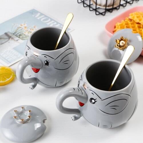 Cartoon Stereo Relief Elephant Ceramic Coffee Mug With Lid Spoon Home Office School Milk Tea Water Mugs Drinkware Cup Gifts