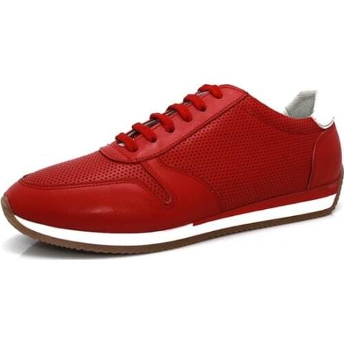 SHENBINs Red Running Shoes with Perforated Leather, Handmade Runners, White Insoles