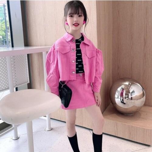 Hot Selling Children Puff Sleeve Denim Sets Baby Girl Tops + Skirts 2pcs Suits Kids Outerwear Tops for 2-14 Years Wz312