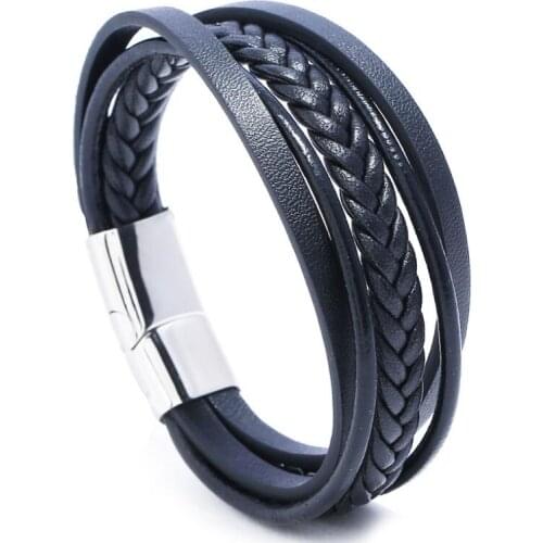 Fashion Casual Men Stainless Steel Leather Bracelet Black Brown Multi-layer Charm Magnetic Clasp Bangle Women Punk Jewelry Gift