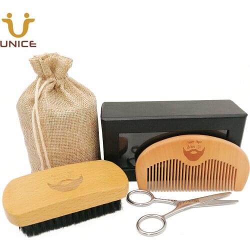 MOQ 50pcs Men Beard Care Set in Gift Window Box Custom LOGO Fine & Coarse Teeth Wood Combs Boar Bristle Beard Brush & Scissors