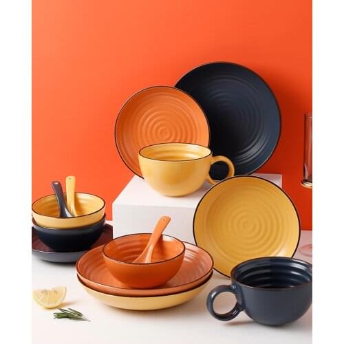 Ceramic bowls and plates set household Nordic thread retro porcelain tableware high-value rice hotel rice bowl dinner plate