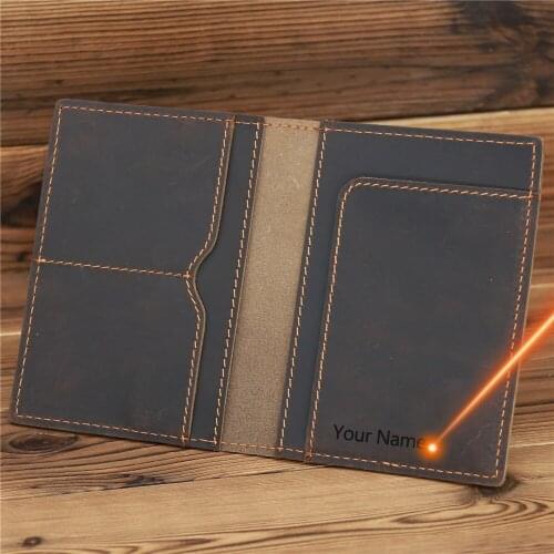 2021 New Engraving Passport Bag Retro Crazy Horse First Layer Cowhide Card Holder Fashion Passport Credit Card Wallet