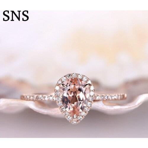 1.2ct 6*8mm Pear Cut Real Natural Morganite Engagement Halo Ring, Prong Setting with EF Moissanite, 14k Rose Gold For Women