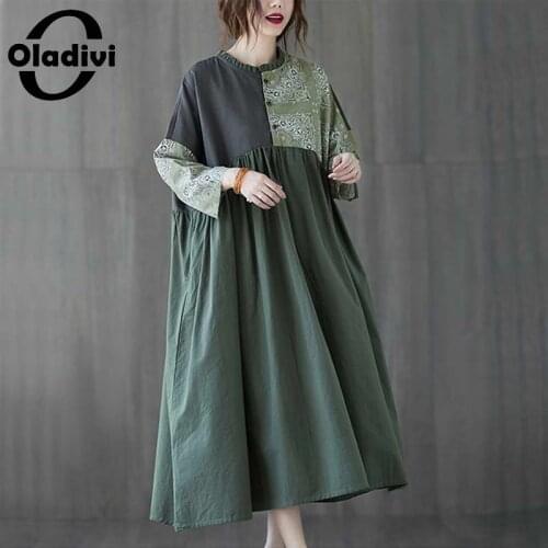 Oladivi Plus Size Cotton Linen Patchwork Loose Dress Women Spring Autumn Casual 3/4 Sleeve Long Dresses Large Clothes Robe L-6XL