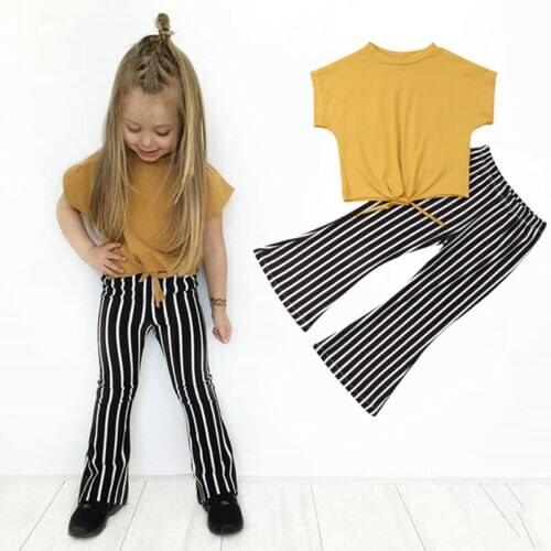 2-7T 2PCS Pudcoco Toddler Girls Clothes Set 2019 New Summer Outfits Loose T-shirt Soild Tops + Kids Striped Wide Leg Pants