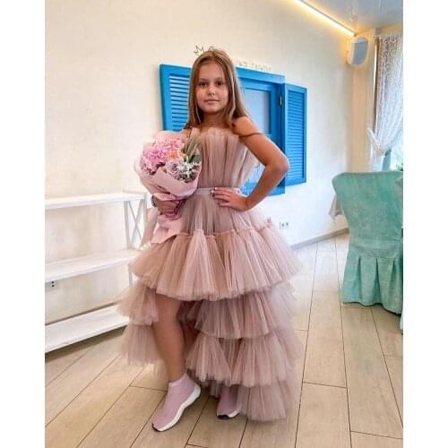 Customized High Low Girls Dresses Puffy Tulle Kids Clothes Children Birthday Party Gown for Girls