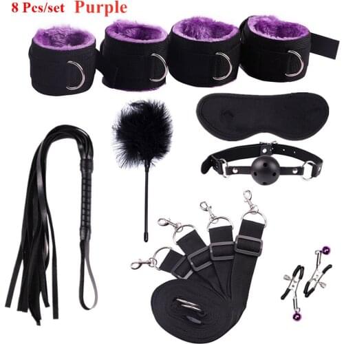 BDSM Sex Toys Kit for Couples Sexy Leather Kits Plush Sex Bondage Set Handcuffs Whip Gag Nipple Clamps Exotic Accessories Sexo
