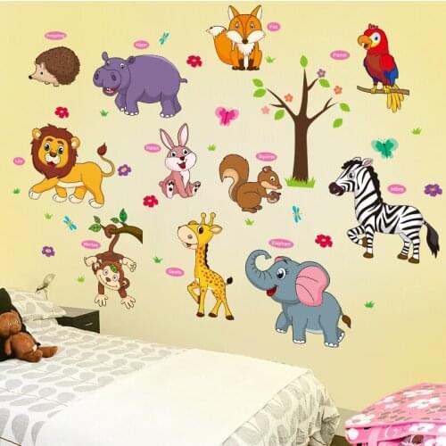 Cartoon Animals Wall Stickers PVC Material DIY Decorative Wall Decals for Kids Room Nursery Zoo House Decoration Accessories