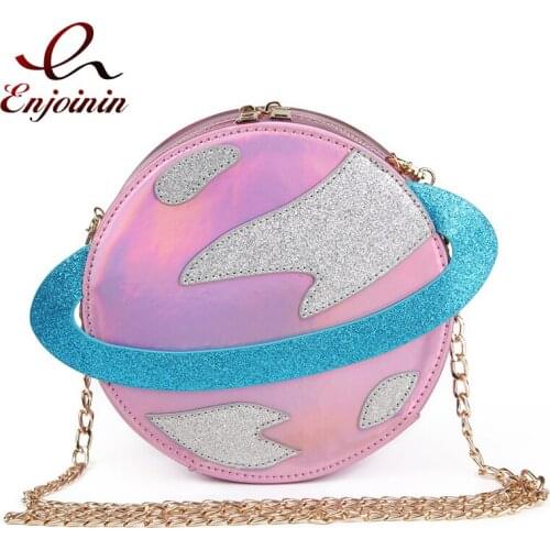 Laser circular planet shape fashion pu leather female chain purse shoulder bag womens crossbody mini messenger bag 2 colors