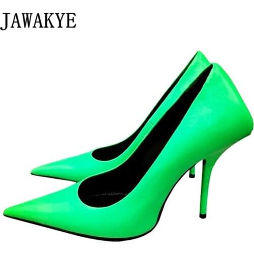 Fashion Fluorescent Green Pointed Toe Stilettos Women Pumps 10cm Thin High Heels Runway Shallow Party Catwalk Shoes for Woman