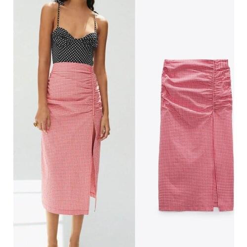 Za 2021 Red Plaid Woman Midi Skirt Fashion High Waist Ruched Elastic Summer Skirt Sexy Front Slit Back Zip Elegant Skirts Women