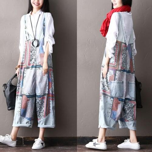 2019 female new arrival autumn national trend print plus size bib elegant V-neck loose 100% cotton jeans pant