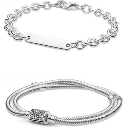 2021 High-quality New S925 Sterling Silver 1:1 Double-pack Bucket Buckle, Engravable Bar Bracelet, Feminine Fashion Jewelry
