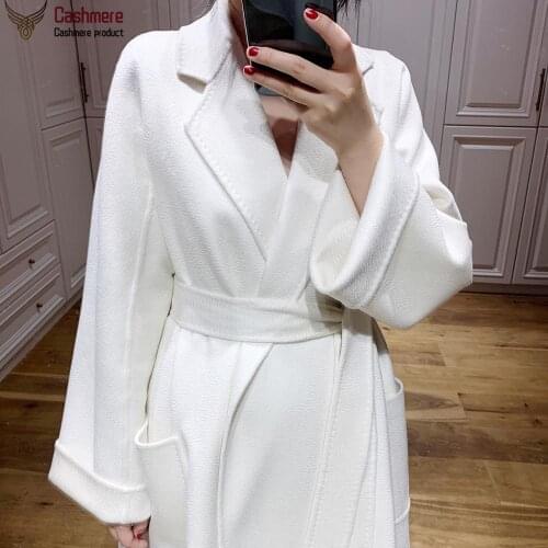 Womens coat long cashmere coat women white high-end water ripple cashmere coat autumn and winter cashmere coat lace-up jacket