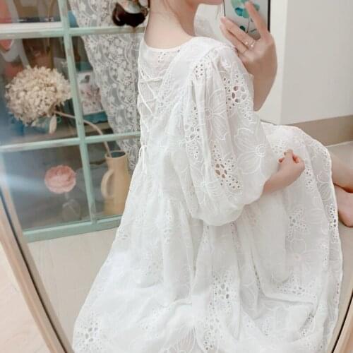 Summer French Palace Lantern Sleeve Loose Highwaist White Lace Princess Dress Cottage Fairy Core Chiffon Dress for Women Tunique