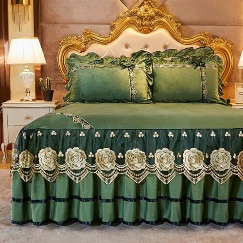 Winter Crystal Velvet King Size Gray Bed Sheets Home Luxury Bedspread European Style Lace Bed Skirt Not Include Pillowcase