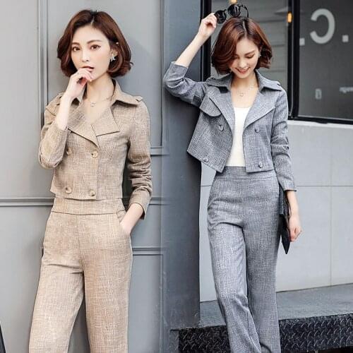 2018 Spring and Autumn Korean fashion women was thin temperament jacket high waist wide leg pants nine pants Two pieces/set