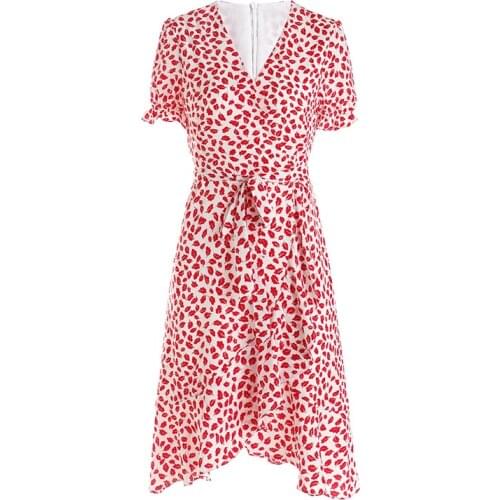 2020 spring summer women cotton liene v-neck trumpet dress print buttery sleeve dress