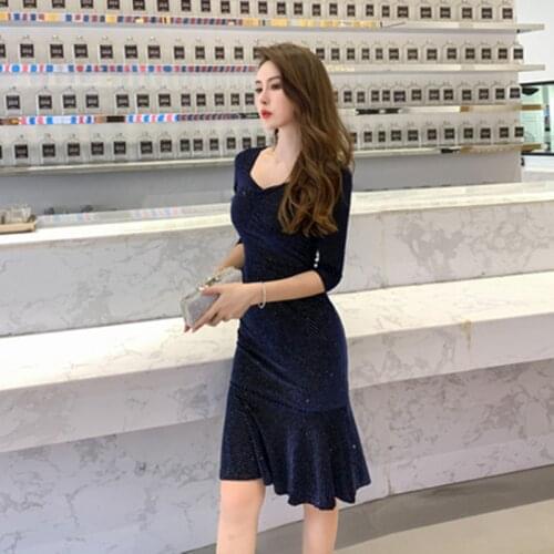 2021 Spring Women Three-quarter Sleeve Vintage Bodycon Mermaid Vestidos Velvet Mermaid Dress Office High-end Sexy Party Dresses
