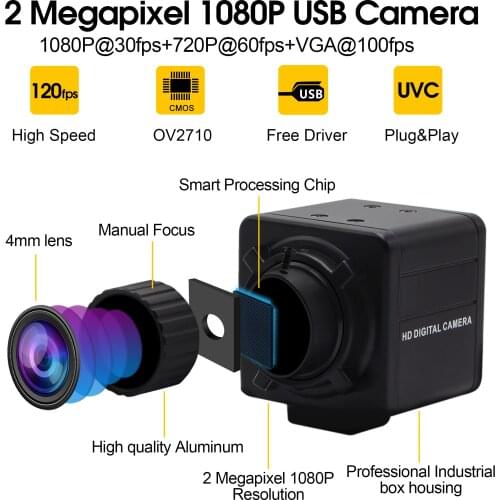 2MP 1920*1080 MJPEG 30fps Webcam OV2710 8mm manual focus lens Plug play MJPEG 30fps/60fps/120fps Video Surveillance USB Camera