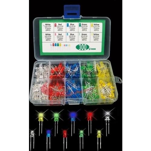 300PCS 3mm 5mm LED Light White Yellow Red Green Blue Assorted Kit DIY LEDs Set 3V 20mA