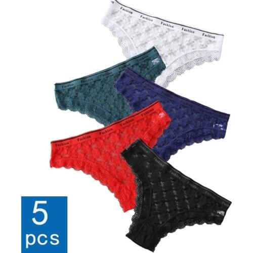 5PCS/Set Womens Panties Luxury Floral Embroidery Underwear Sexy Lace Briefs Transparent Seamless Low-Rise Thong Female Lingerie