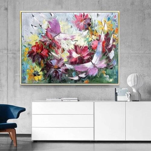 Hand-Pnted Abstract Thick Textur Oil Painting On Canvas Butterfly Flowers For Home Decor Knife Animal Painting Handmade Unframed