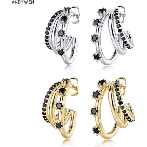 ANDYWEN 925 Sterling Silver Gold Spinel Three Triple Threat Circle Hoops Round Zircon CZ Black New 2020 Rock Punk Jewelry