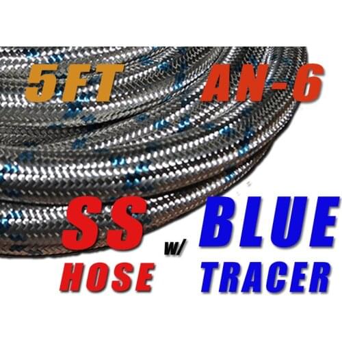 BLSSAN6-005 - -6 AN 5/6" Blue Tracer Braided Stainless Steel Fuel Line Hose 5 FT NEW