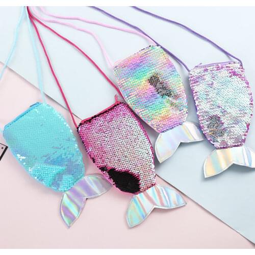 Fish Tail Sequins Childrens Coin Purse Cartoon Baby Girls Mini Crossbody Bags Mermaid Handbags Shoulder Bag Accessories Wallet