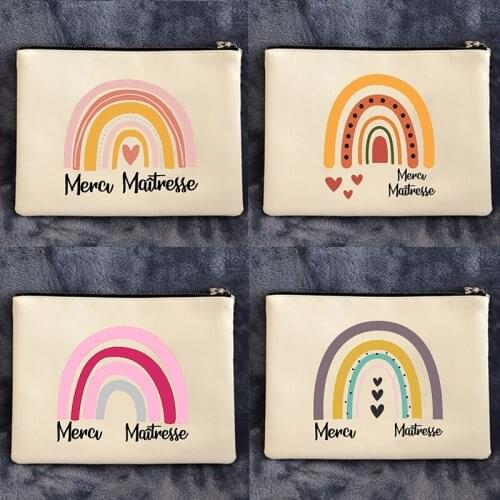 French Rainbow Print Cosmetic Bags Women Makeup Case Travel Toiletries Organizer Portable Make Up Pouch Pencil Bag Teacher Gifts