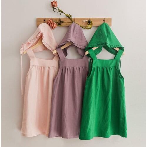 Girls Cotton And Linen Strap Dress With Hat Summer New Casual Comfortable Breathable Sling Linen Dresses Kids Clothes