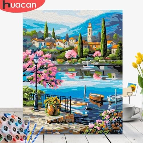 HUACAN Oil Painting By Numbers City Scenery Acrylic Drawing Canvas Wall Art DIY Seaside Picture Home Decor Gift