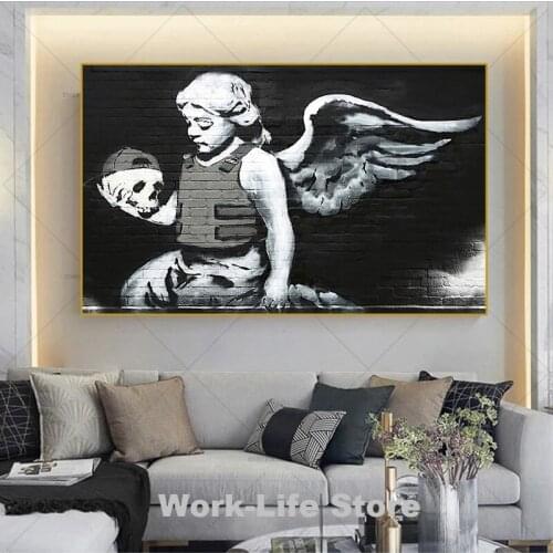 Graffiti Canvas Paintings Black White Skull Angel Wall Art Poster and Prints Bansky Street Art Picture Living Room Home Decor