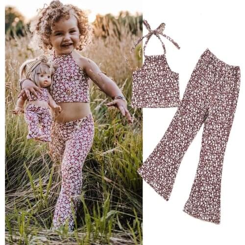 1-6Y Kids Girls Sweet Clothes Sets 2pcs Flowers Printed Sleeveless Vest Tops Flare Pants