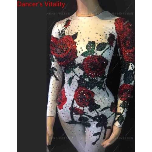 Nightclub Bar Slap-up Performance Costume DJ DS Pole Jazz Dance Group Show Sexy Rose Diamond Body Suit Garments Outfits Clothes