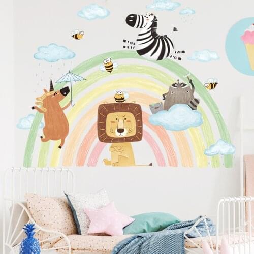 BRUP Beautiful Cartoon Rainbow Lion Animals Wall Stickers for Kids Room Nursery Room Decorative Stickers DIY Party PVC Murals