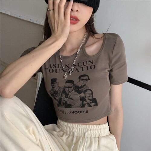 Crop Top Short Sleeve Graphic Baby Tee Summer Women 2021 Tshirt Vintage Korean Kawaii Cute Sexy Hollow Out Cold Shoulder T Shirt