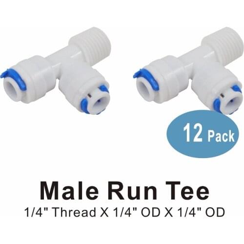 Male Run Tee 1/4" Thread x 1/4" OD x 1/4" OD Quick Connection Fitting Parts for Water Filters and RO Systems -12 PACK